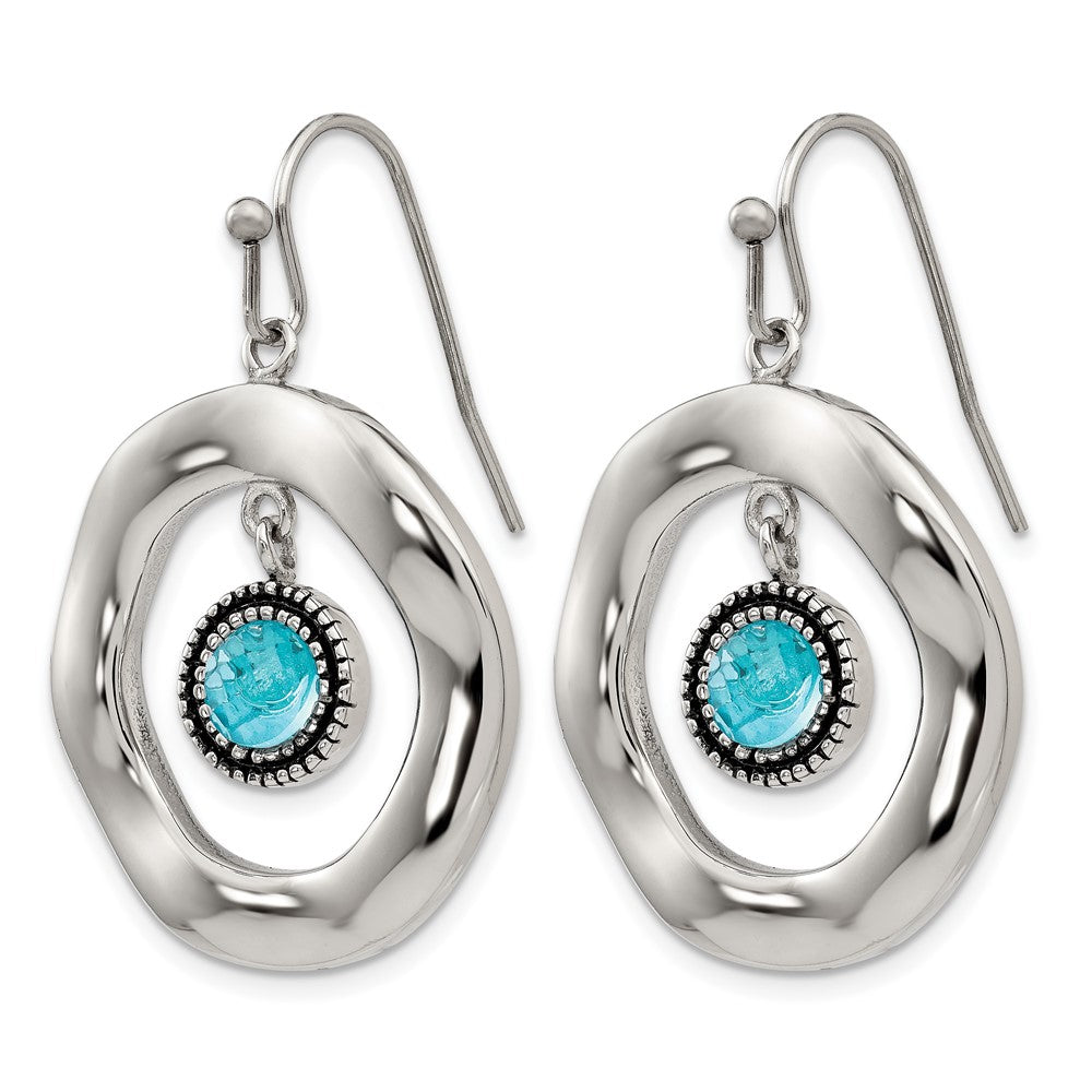 Stainless Steel Polished Wavy Circle w/Blue Glass Shepherd Hook Earrings