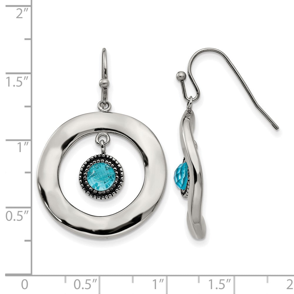 Stainless Steel Polished Wavy Circle w/Blue Glass Shepherd Hook Earrings