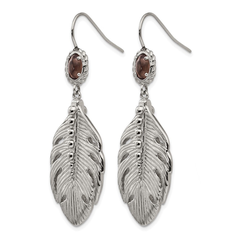 Stainless Steel Polished and Textured Smoky Quartz Feather Earrings