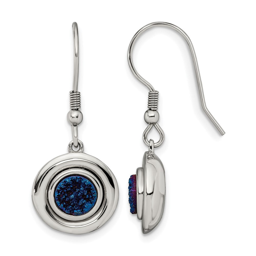 Chisel Stainless Steel Polished with Blue Druzy Dangle Shepherd Hook Earrings
