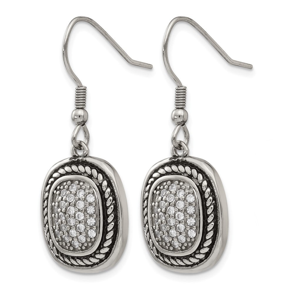 Chisel Stainless Steel Antiqued and Polished with CZ Dangle Shepherd Hook Earrings