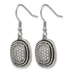 Chisel Stainless Steel Antiqued and Polished with CZ Dangle Shepherd Hook Earrings