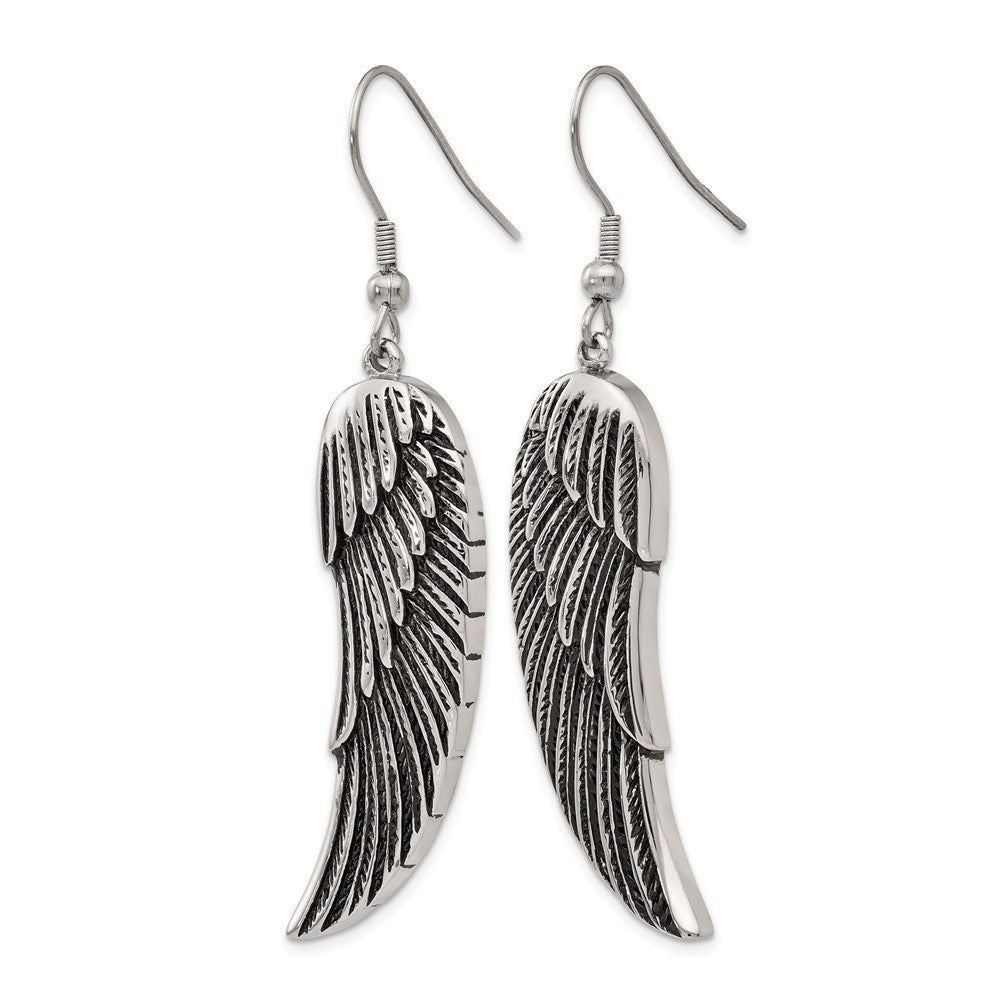 Chisel Stainless Steel Antiqued and Polished Wing Dangle Shepherd Hook Earrings