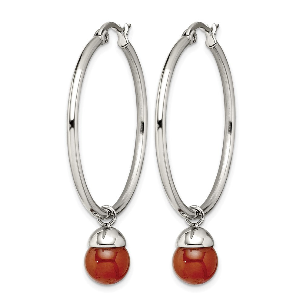 Chisel Stainless Steel Polished with Red Agate Dangle Hoop Earrings