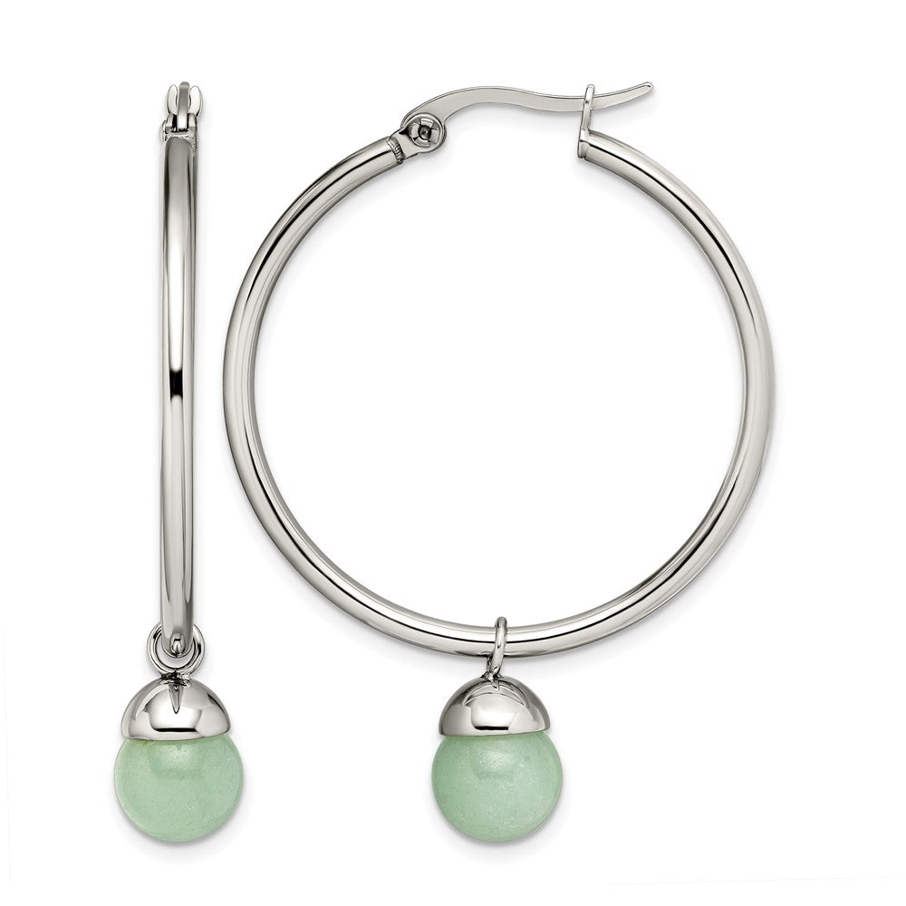 Chisel Stainless Steel Polished with Green Aventurine Dangle Hoop Earrings