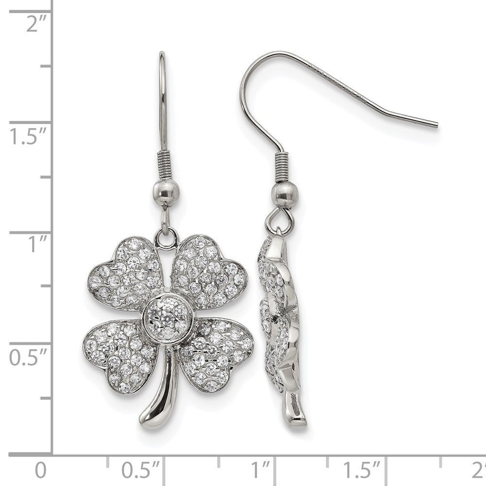Chisel Stainless Steel Polished with CZ 4-Leaf Clover Dangle Shepherd Hook Earrings