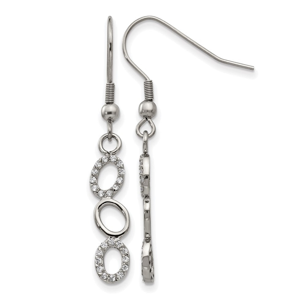 Stainless Steel Polished w/CZ Oval Dangle Shepherd Hook Earrings