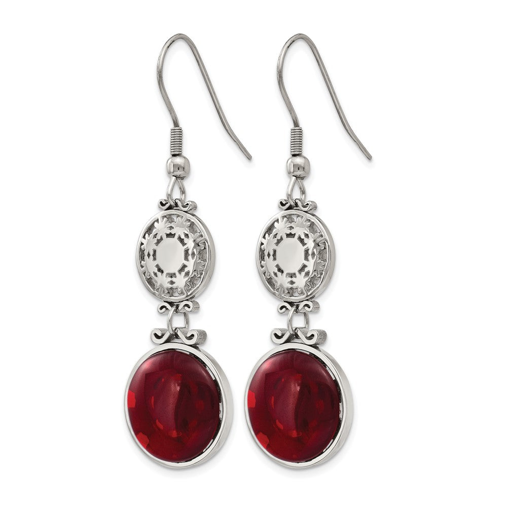 Stainless Steel Polished w/Red Glass Dangle Shepherd Hook Earrings