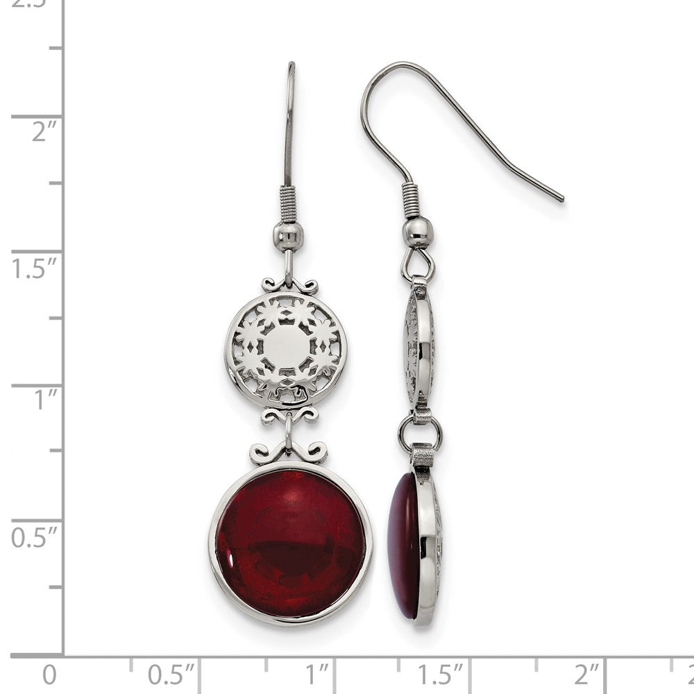 Stainless Steel Polished w/Red Glass Dangle Shepherd Hook Earrings