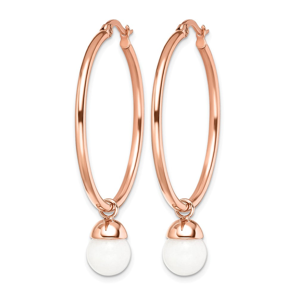 Chisel Stainless Steel Polished Rose IP-plated with White Jade Dangle Hoop Earrings