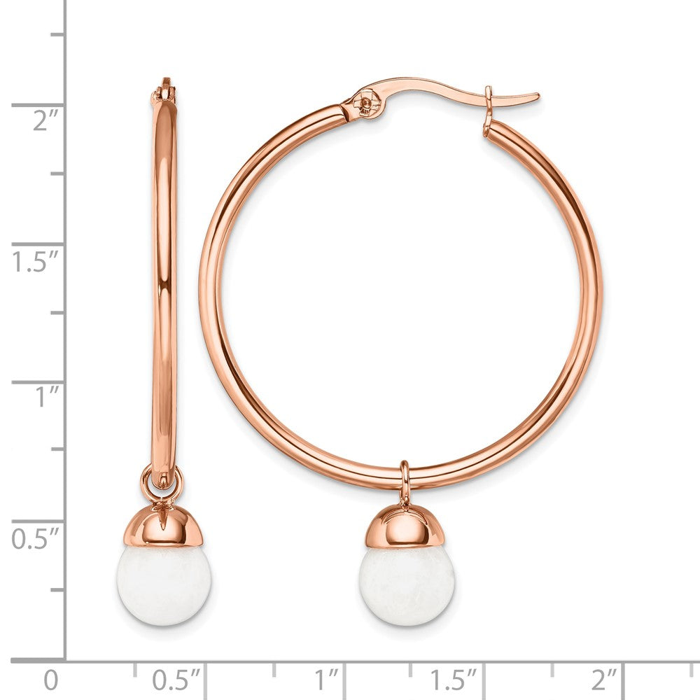 Chisel Stainless Steel Polished Rose IP-plated with White Jade Dangle Hoop Earrings