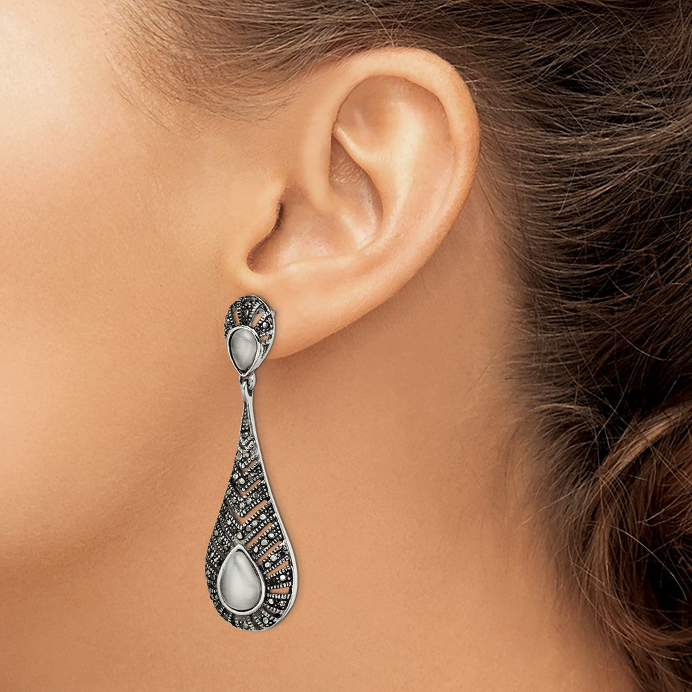 Stainless Steel Polished Marcasite Cat's Eye Post Dangle Earrings