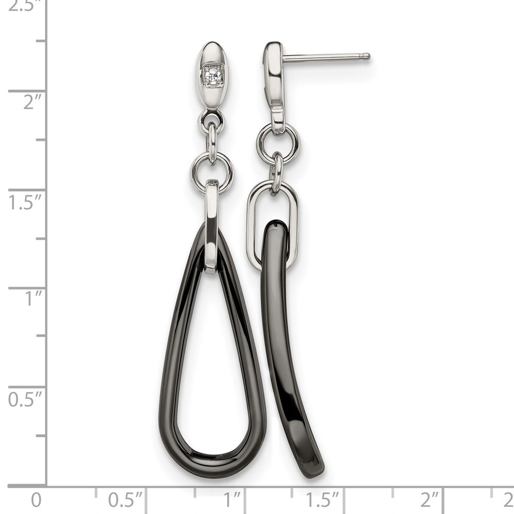 Chisel Stainless Steel Polished with Black Ceramic and CZ Dangle Post Earrings