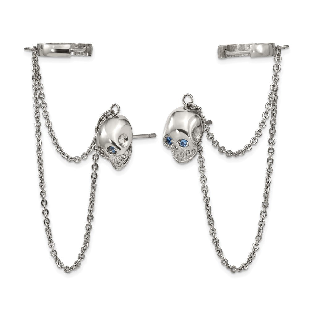 Stainless Steel Polished Earrings w/Hoop Chain Dangle & Blue CZ Post