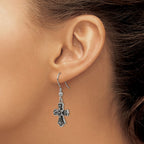 Stainless Steel Antiqued and Polished Black Crystal Cross Dangle Earrings