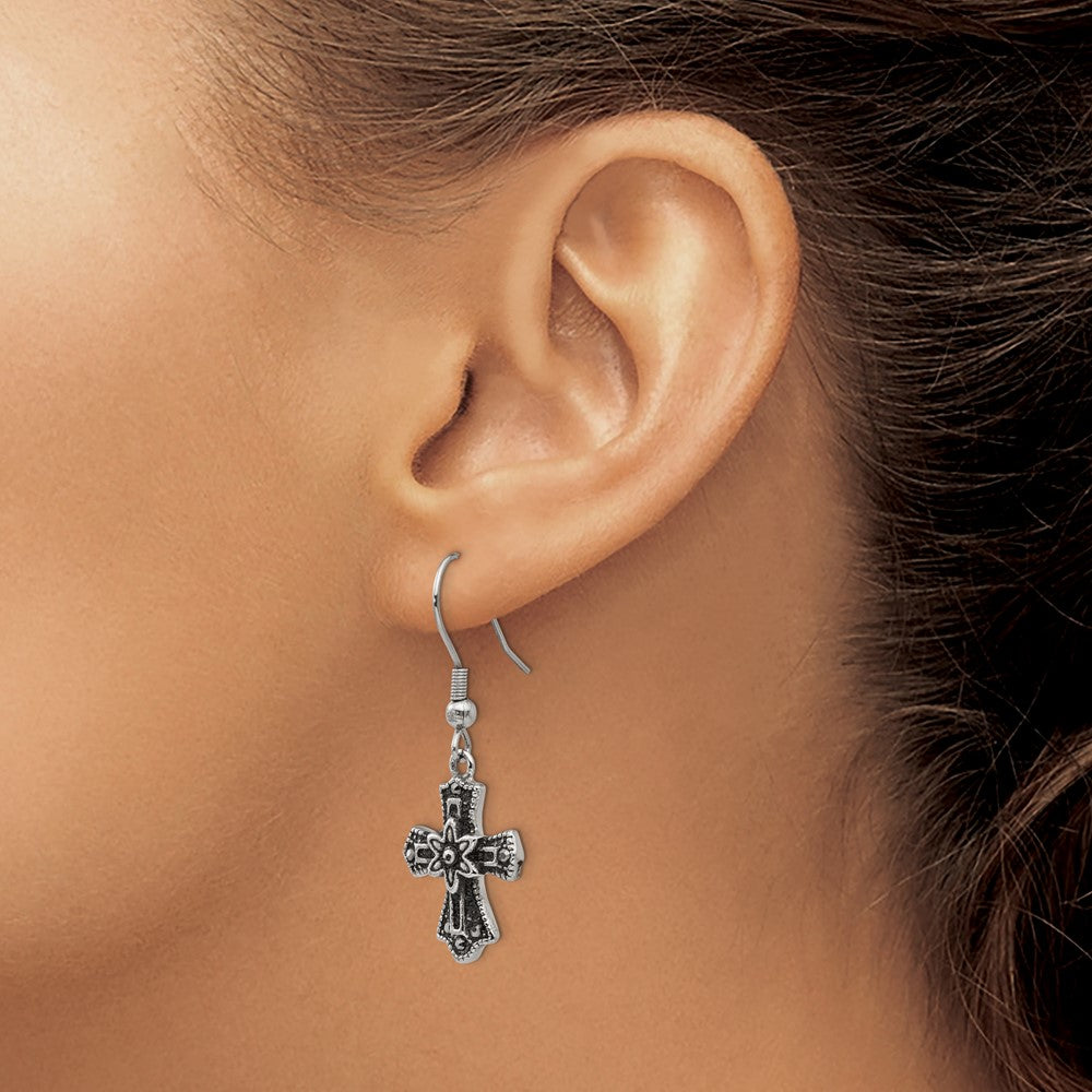 Stainless Steel Antiqued and Polished Black Crystal Cross Dangle Earrings