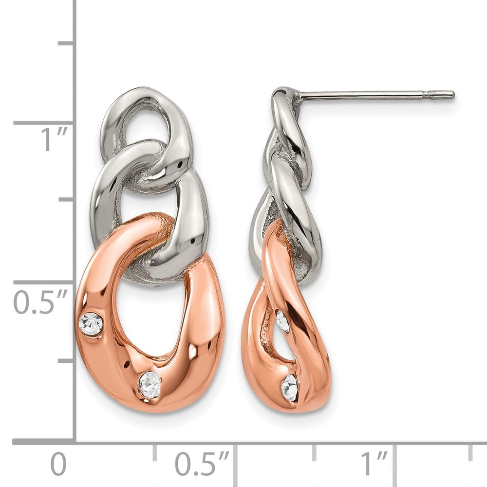 Chisel Stainless Steel Polished Rose IP-plated Loop with Crystal Post Dangle Earrings