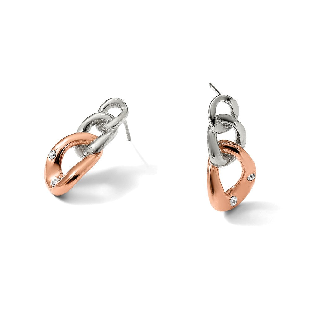 Chisel Stainless Steel Polished Rose IP-plated Loop with Crystal Post Dangle Earrings