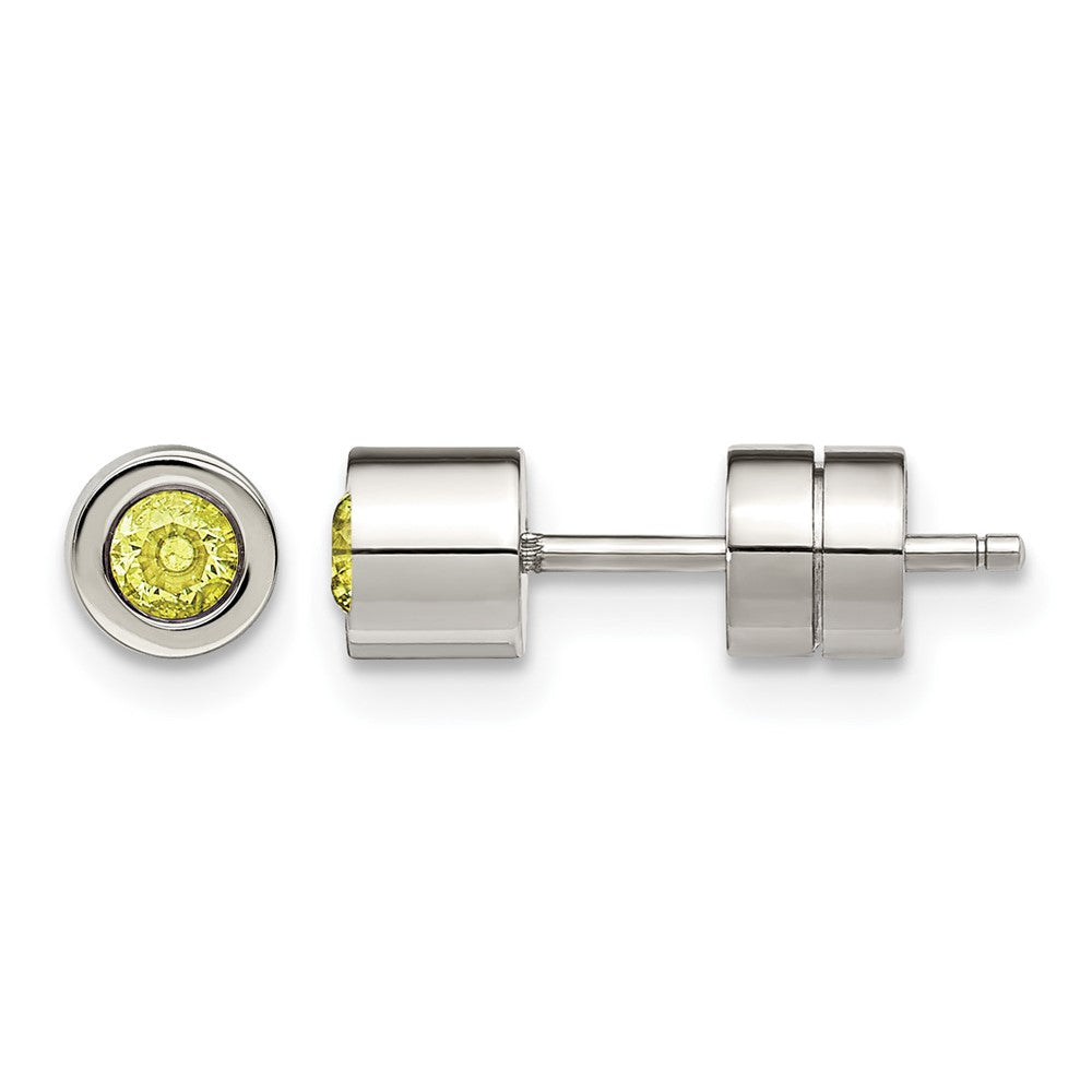 Chisel Stainless Steel Polished Green CZ August Birthstone Post Earrings