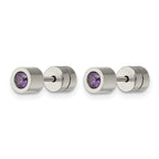 Chisel Stainless Steel Polished Purple CZ February Birthstone Post Earrings