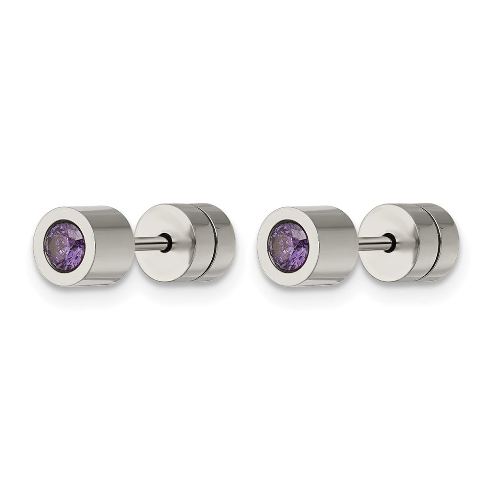 Chisel Stainless Steel Polished Purple CZ February Birthstone Post Earrings