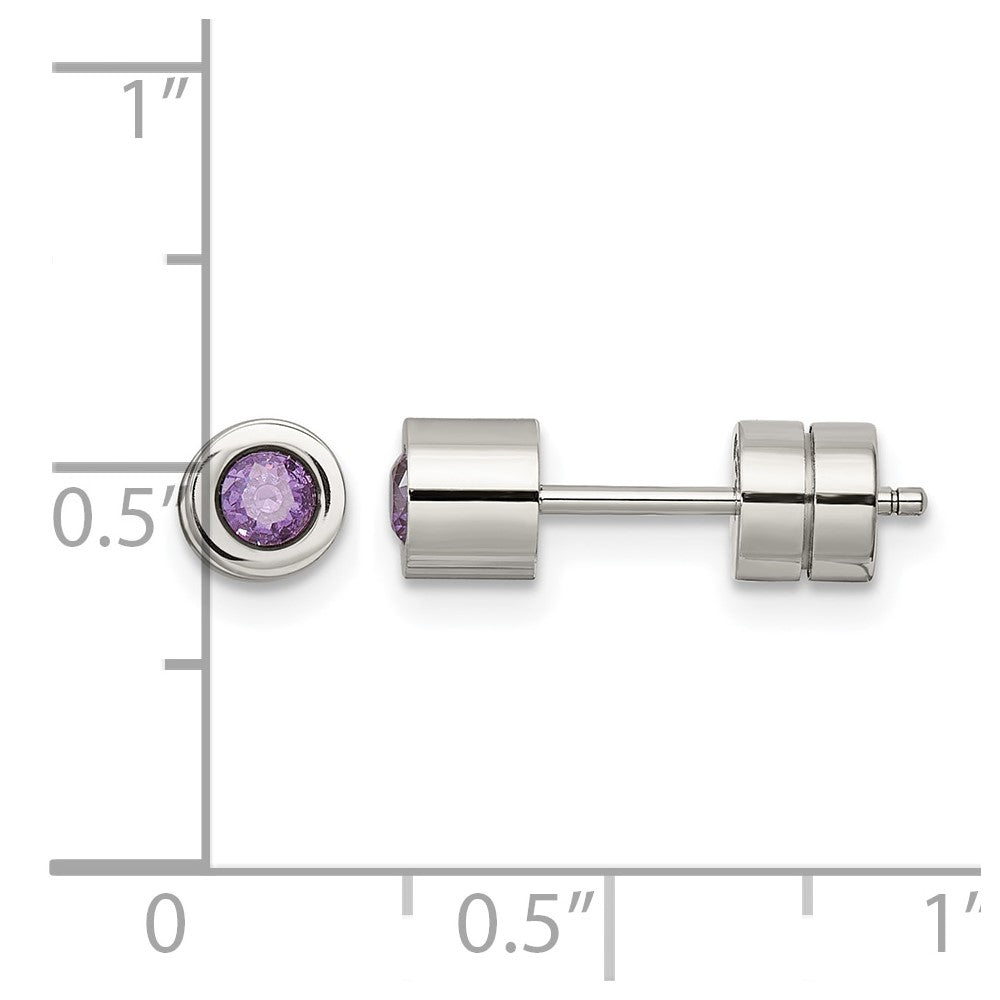 Chisel Stainless Steel Polished Purple CZ February Birthstone Post Earrings