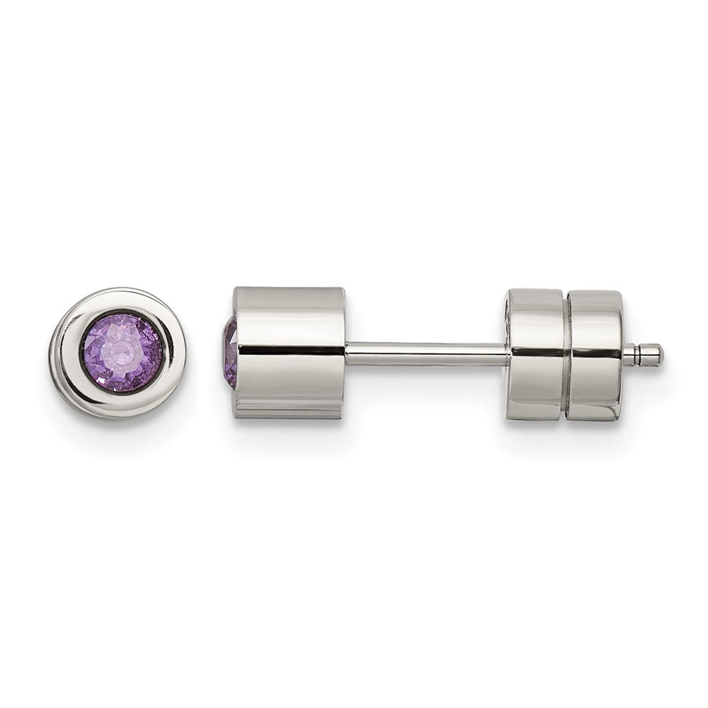 Chisel Stainless Steel Polished Purple CZ February Birthstone Post Earrings