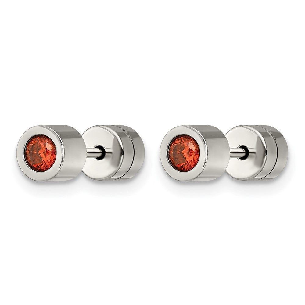 Chisel Stainless Steel Polished Red CZ July Birthstone Post Earrings