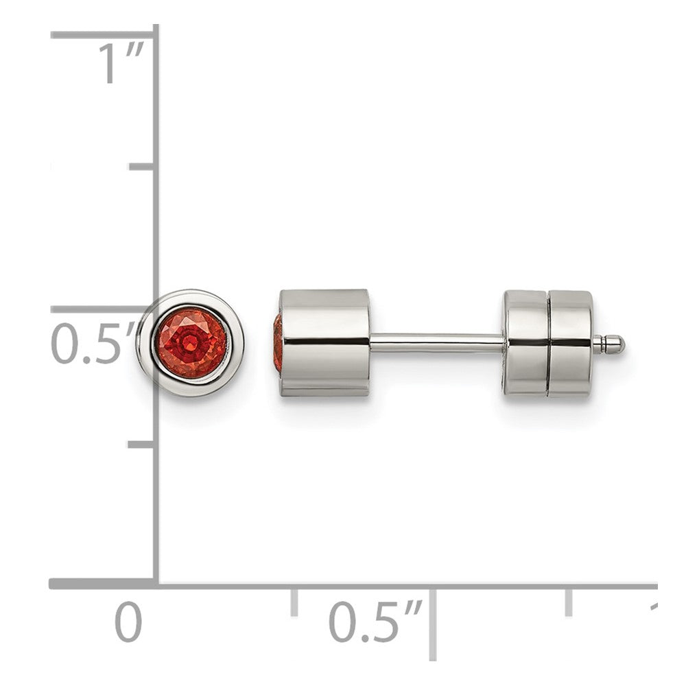 Chisel Stainless Steel Polished Red CZ July Birthstone Post Earrings