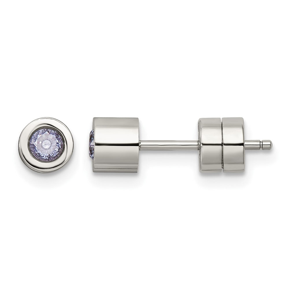 Chisel Stainless Steel Polished Pink CZ June Birthstone Post Earrings