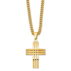 Chisel Stainless Steel Brushed and Polished Yellow IP-plated Cross Pendant on a 24 inch Curb Chain Necklace