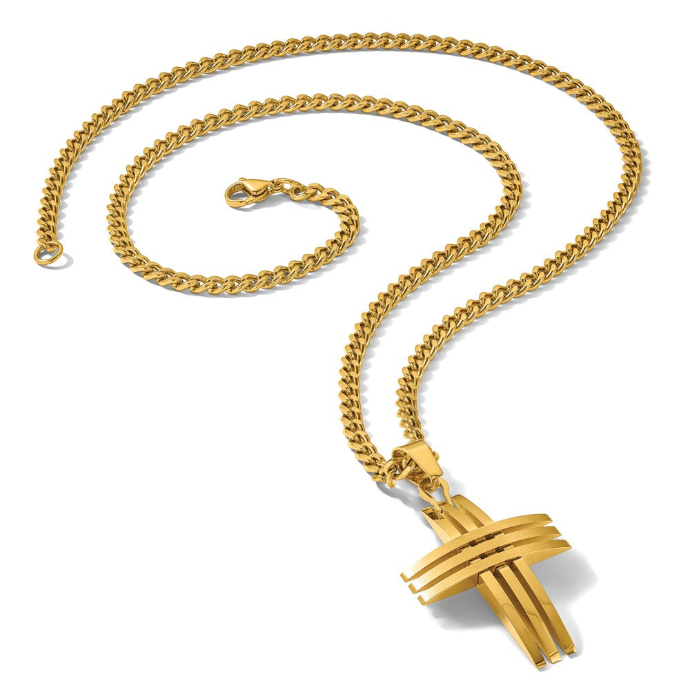 Chisel Stainless Steel Brushed and Polished Yellow IP-plated Cross Pendant on a 24 inch Curb Chain Necklace