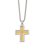Chisel Stainless Steel Polished with 14k Gold Accent .01 carat Diamond Cross Pendant on a 22 inch Ball Chain Necklace