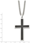 Chisel Stainless Steel Polished with Black Carbon Fiber Inlay Cross Pendant on a 24 inch Curb Chain Necklace