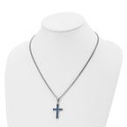 Chisel Stainless Steel Polished with Blue Carbon Fiber Inlay Cross Pendant on a 20 inch Curb Chain Necklace