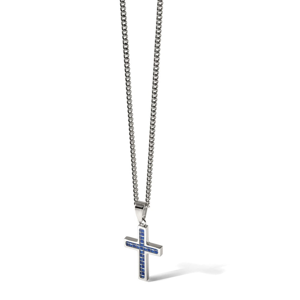 Chisel Stainless Steel Polished with Blue Carbon Fiber Inlay Cross Pendant on a 20 inch Curb Chain Necklace