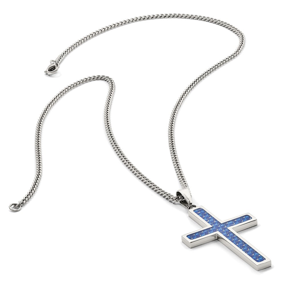 Chisel Stainless Steel Polished with Blue Carbon Fiber Inlay Cross Pendant on a 20 inch Curb Chain Necklace