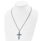 Chisel Stainless Steel Polished with Blue Carbon Fiber Inlay Cross Pendant on a 22 inch Curb Chain Necklace