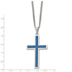 Chisel Stainless Steel Polished with Blue Carbon Fiber Inlay Cross Pendant on a 22 inch Curb Chain Necklace
