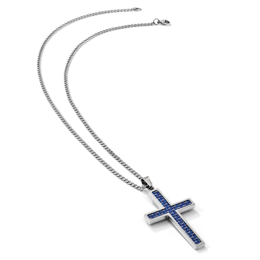 Chisel Stainless Steel Polished with Blue Carbon Fiber Inlay Cross Pendant on a 22 inch Curb Chain Necklace