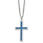 Chisel Stainless Steel Polished with Blue Carbon Fiber Inlay Cross Pendant on a 22 inch Curb Chain Necklace