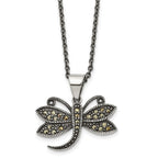 Chisel Stainless Steel Antiqued and Polished with Marcasite Dragonfly Pendant on an 18 inch Cable Chain Necklace