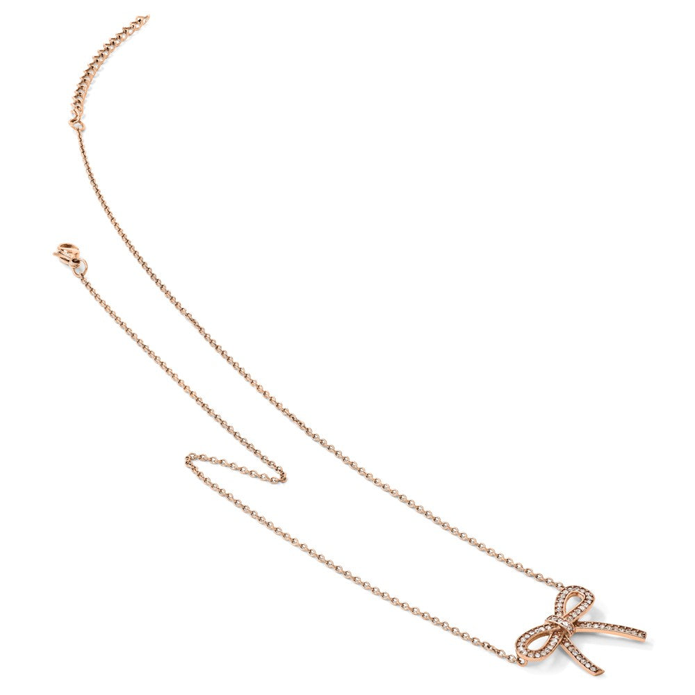 Stainless Steel Polished Rose IP-plated Crystal Bow w/1.75in ext Necklace