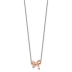 Stainless Steel Polished Rose IP-plated w/CZ Bow w/1.75in ext Necklace