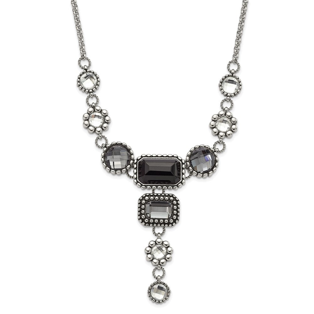 Stainless Steel Polished/Antiqued Fancy Glass Beads w/2in ext. Necklace
