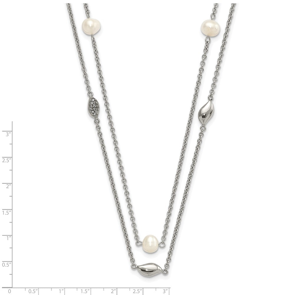 Stainless Steel Polished 2 Strand Freshwater Cultured Pearls & CZ w/ 2in ext. Necklace