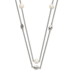 Stainless Steel Polished 2 Strand Freshwater Cultured Pearls & CZ w/ 2in ext. Necklace