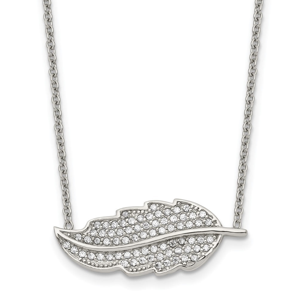 Stainless Steel Polished w/CZ Leaf 18in Necklace
