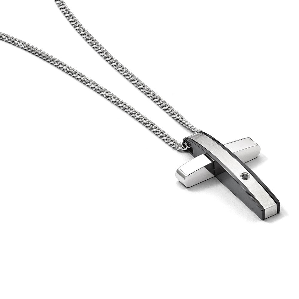 Chisel Stainless Steel Polished Black IP-plated .01 carat Diamond Cross Pendant on a 24 inch  Curb Chain Necklace