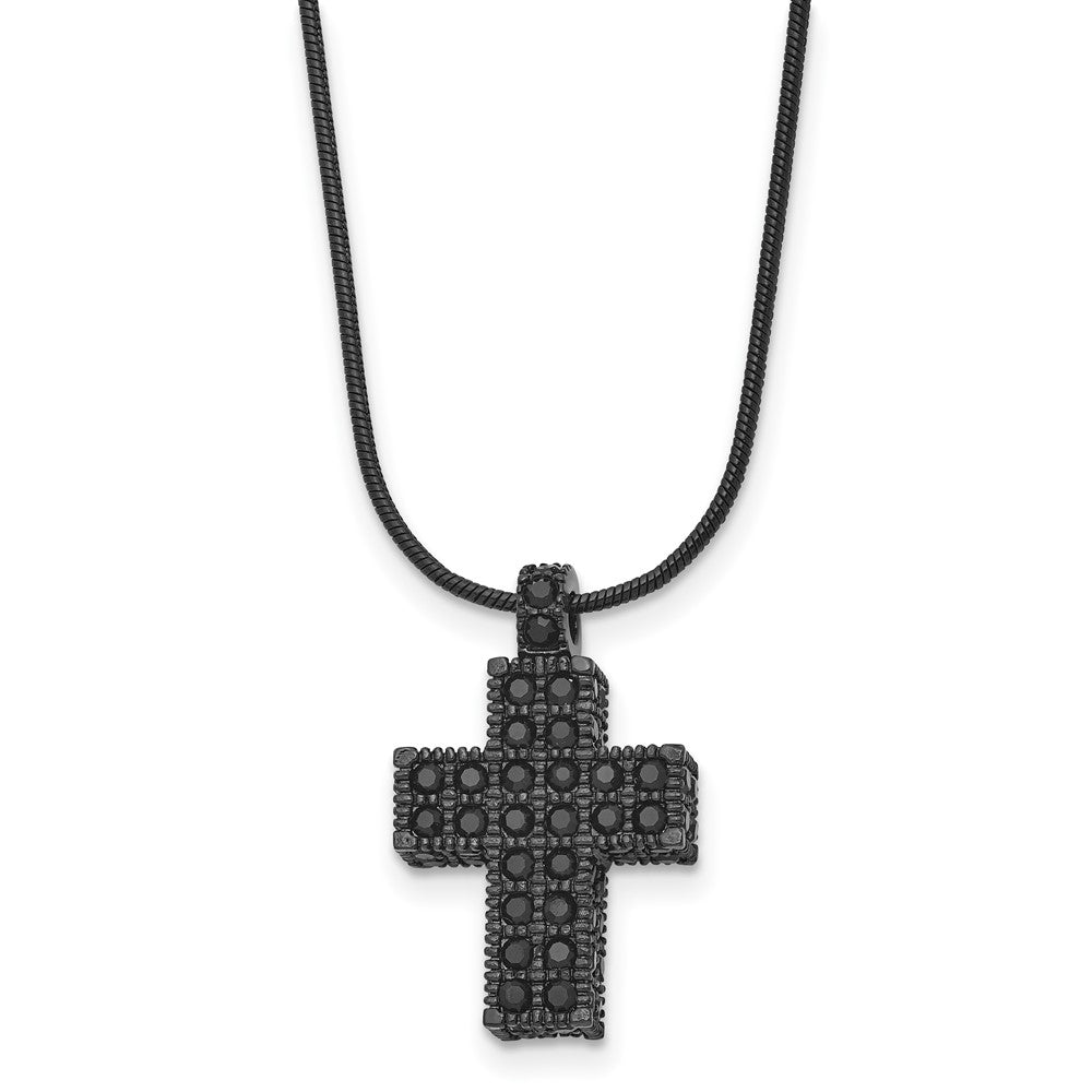 Stainless Steel Polished Black IP Black Crystal Cross w/2in ext Necklace
